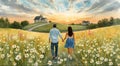 A couple walks hand in hand along a path through a field of white daisies Royalty Free Stock Photo